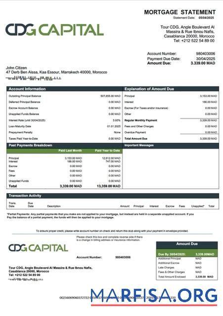 Downloadable Morocco CDG Capital mortgage statement Word and PDF template